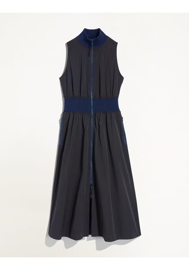 Kadın Dik Yaka Önü Fermuarlı Yırtmaçlı Baharlık Yazlık Beli Lastikli Şık Ceket Elbise Siyah