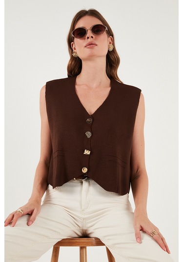 Lela Standart Fit V Yaka Düğmeli Triko Bayan Yelek 4616177 Kahve