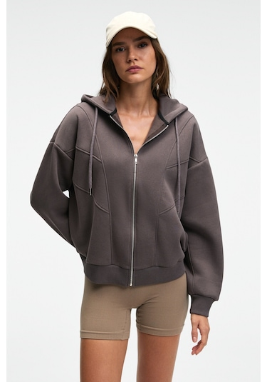 VYSELLE Kadın Önü Kesikli Metal Fermuarlı Kapüşonlu Etiket Detaylı Oversize Antrasit Sweatshirt