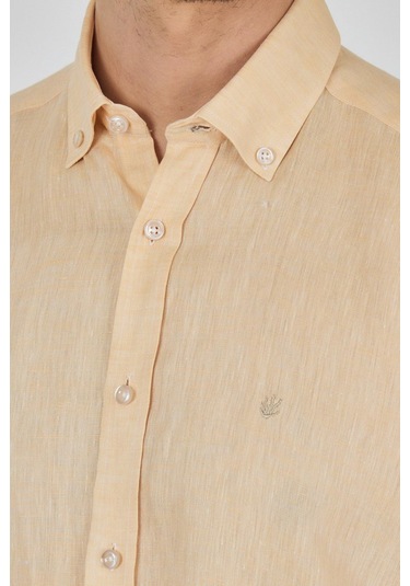 Uzun Kol Düz Keten Düğmeli Yaka Cepsiz Casual Comfort Fit Gömlek 1004250114 Altın