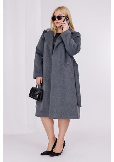 Kadın Gri Yün Kaşe Kemer Ve Astar Detay Büyük Beden Kaban Gri