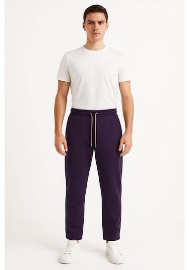 Erkek Düz Paça 3 İplik Şardonlu Rahat Kesim Premium Kumaş Eşofman Altı Mor