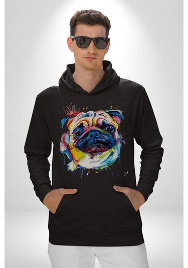 Sulu Boya Pug Köpek Kadın Erkek Siyah Kapüşonlu Sweatshirt Hoodie Siyah