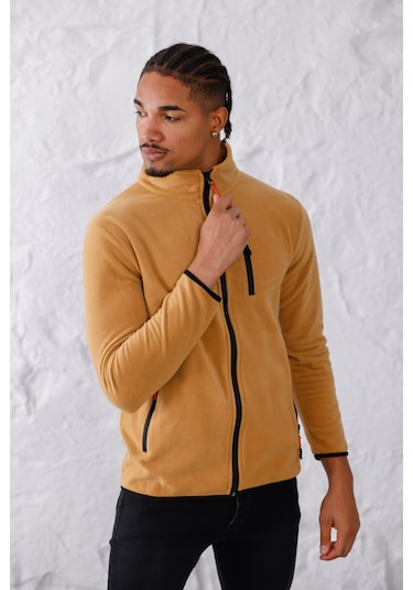Monox Erkek Biyeli Fermuarlı Spor Polar Ceket Camel