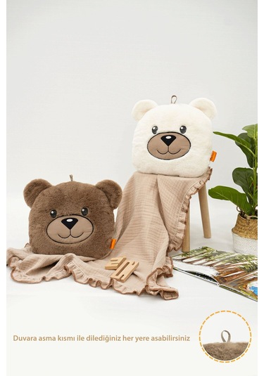 Mordesign Peluş Ayı Yastık, Sevimli Ayı Nakışlı Kırlent, Peluş Ayı Oyuncak, Bebek Yastık, Morbear Serisi Kahverengi