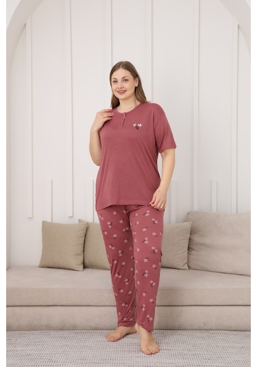 Viskon Kumaş Kadın Büyük Beden Kısa Kollu Pijama Takımı Narçiçeği