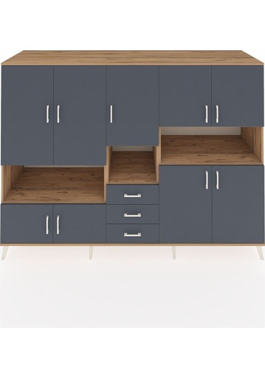 Kronos Dolap 13 Raflı 3 Çekmeceli 9 Kapaklı 220x59x163 Çam-antras Çam-antrasit