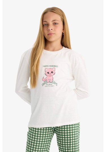 Defacto Kız Çocuk Pijama Takımı Baskılı Uzun Kollu Üst Kareli Uzun Alt F1083a825auer105 Ekru