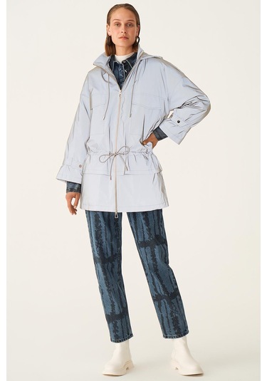 Perspective Kapüşonlu Fermuarlı Cepli Uzun Kollu Gri Kadın Mont 2