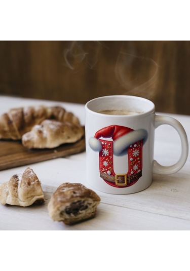 U Harfi Yılbaşı Temalı Bardak 330 Ml Harfli Kişiye Özel Hediye - Yeniyıl / Noel Şapka Tasarım Beyaz