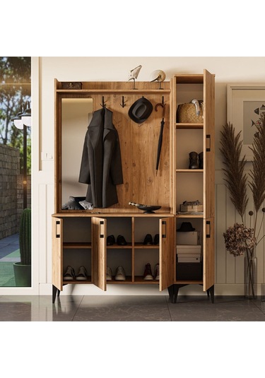 Set 5100-5102 Inca Sol Aynalı 5 Kapaklı 4 Askılı Raflı Portmanto Atlantik Çam Çam