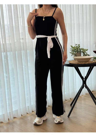 Munn Collection Kadın Ip Askılı Straplez Belden Kuşaklı Viskon Iki Iplik Tulum Siyah