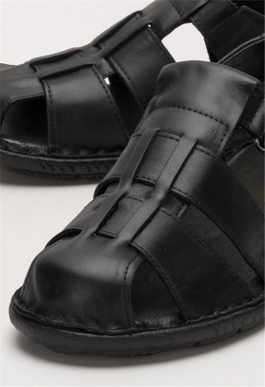Erkek Hakiki Deri Yazlık Hafif Günlük Ayakkabı Sandalet Siyah Siyah