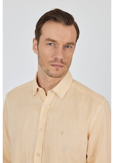 Uzun Kol Düz Keten Düğmeli Yaka Cepsiz Casual Comfort Fit Gömlek 1004250114 Altın