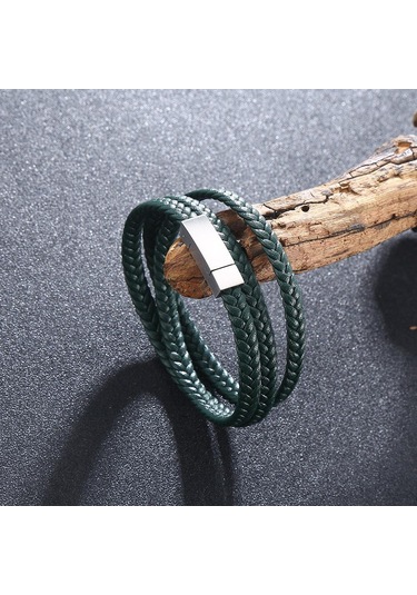 Basit Erkek Bilekliği Çok Katmanlı Deri Bileklikler Charm Metal Tokalı Erkek Takıları Hediyeler Yeşil