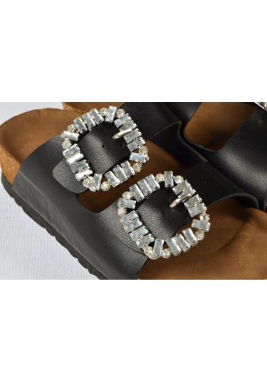 Kız Çocuk Mantar Tabanlı Çift Tokalı Ortopedik Birkeen Arizona Taşlı Terlik Siyah