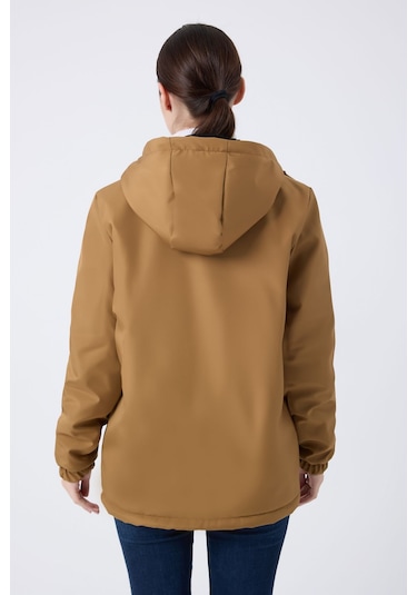 Kadın Taba İçi Kürklü Su Ve Rüzgar Geçirmez Kapüşonlu Kışlık Mont & Kaban & Parka Taba