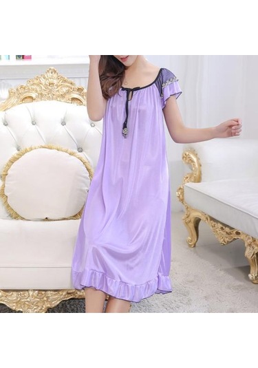 Koyu Mavi Yaz Gecelik Bağcıklı Uyku Rahat Güzel Sahte Saten Yaz Gevşek Gecelik Ev Giyim Xl Koyu Mavi