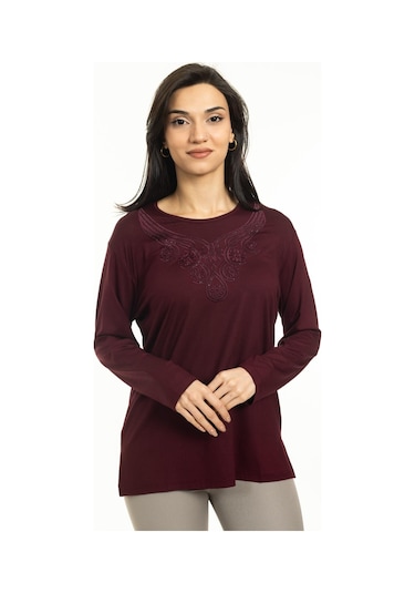 Kadın Orta Yaş Ve Üzeri Yeni Model Yuvarlak Yaka Likralı Anne Penye Bluz 30550-Bordo