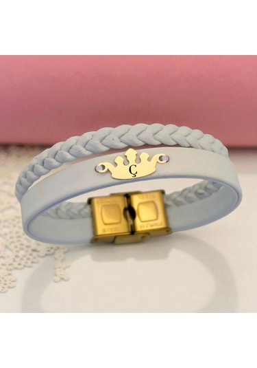 Archin Ç Harfine Özel Hakiki Beyaz Derili Taç Motifli 14 Ayar Altın Plakalı Hediye Bileklik-645harf Ç