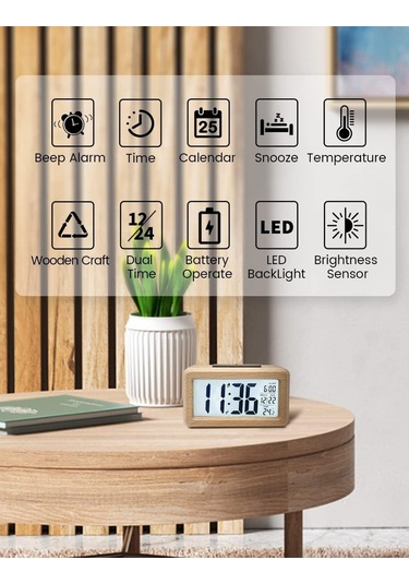 Singree Ahşap Dijital Alarm Saat - Büyük Lcd Ekran, Işık Sensörü, Snooze Ve Sicaklık Gösterimi - Pil İle Çalışır Pil Hariç