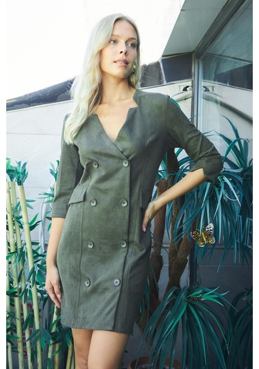 Kadın Kadife Likralı Yumuşak Dokulu Kruvaze Kapri Truvakar Kol Kolu Yırtmaçlı Ofis Ceket Elbise-haki Haki