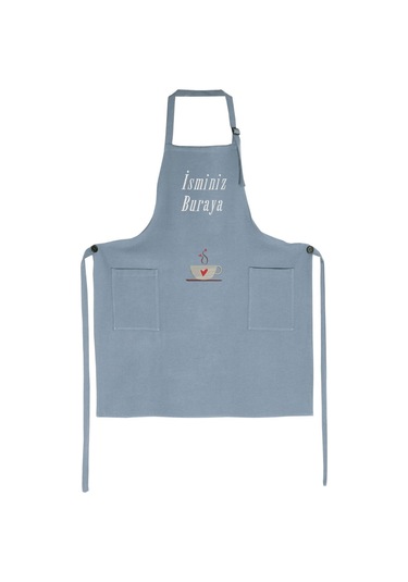 Mutfak Önlüğü Kişiye Ve İsme Özel Nakışlı Mutfak Önlüğü Kalpli Kupa Farklı Renkler Mavi