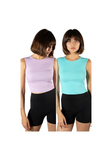 2'li Paket Lila Turkuaz Fitted/vücuda Oturan Crop Halter Yaka Fitilli Esnek Örme Bluz Atlet Lila-turkuaz