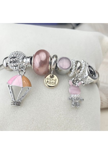 Charm Bileklik Tavşan Uçan Balon Figürlü Çelik Bileklik Gümüş Pembe Gümüş