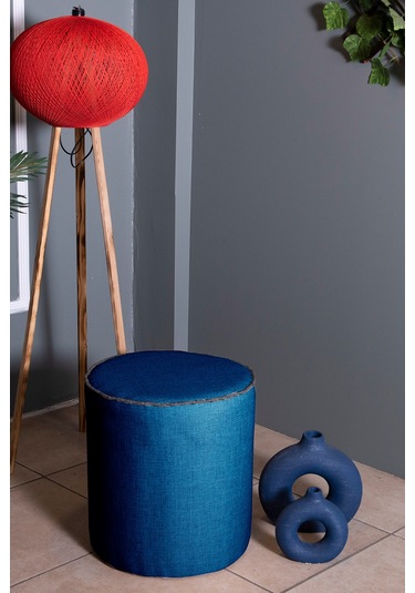 VALERİA MAVİ KETEN KUMAŞ YUVARLAK PUFF &BENCH&KOLTUK&TABURE&POFUDUKYATAK ODASI PUF MODELLERİ