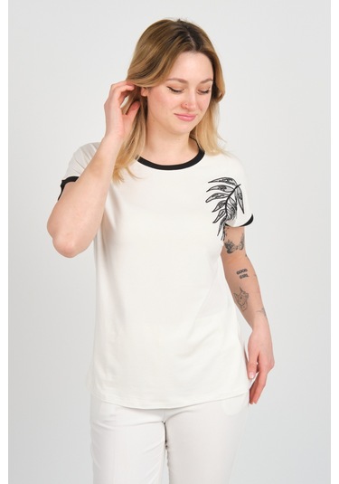 Sistas Kadın Düşük Kol Boncuk İşlemeli Bisiklet Yaka Bluz 24274 Ekru Ekru