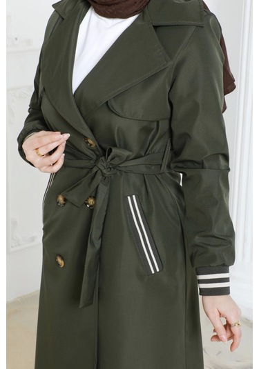 Bondit Kumaş Ribanalı Uzun Boy Trençkot / Haki - M0110 Haki