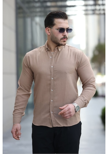 Mero Life Erkek Taba Basic %100 Pamuklu Dökümlü Kumaş Uzun Kollu Salaş Gömlek Taba