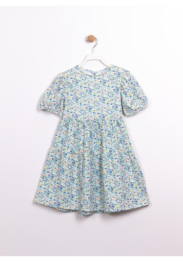 Çiçekli Kız Çocuk Yazlık Elbise Mavi