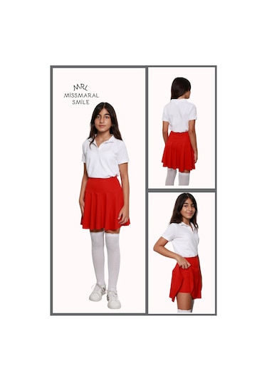 Kız Çocuk Okul Etek Kırmızı Yüksek Bel Içi Şortlu Likralı Kumaş Okul-oyun-spor-etkinlik Eteği Kırmızı
