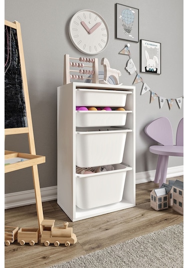 %100 Mdf - Small Mono 4 Sepetli Oyuncak Dolabı Beyaz