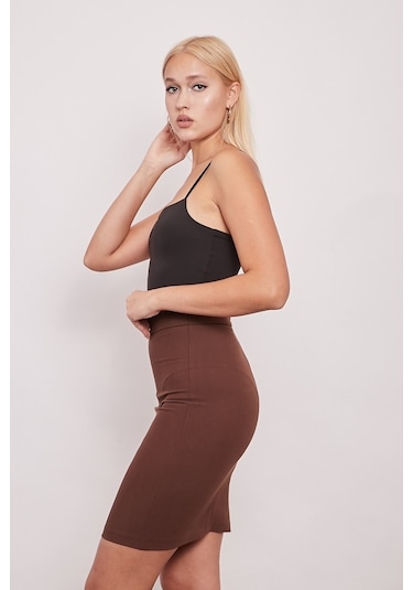 Yüksek Bel Diz Üstü Şık Kumaş Kalem Etek-Kahve