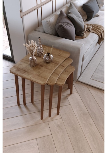 Zuesse Dizayn Reyhan 3lü Zigon Sehpa & Yan Sehpa Ahşap Ayaklı Salon Seti Çay Sehpası - Ceviz