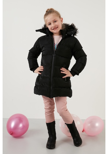 Lela Yakası Suni Kürklü Peluş Astarlı Çıkarılabilir Kapüşonlu Dar Kesim Kışlık Kız Çocuk Mont 5760002 Siyah