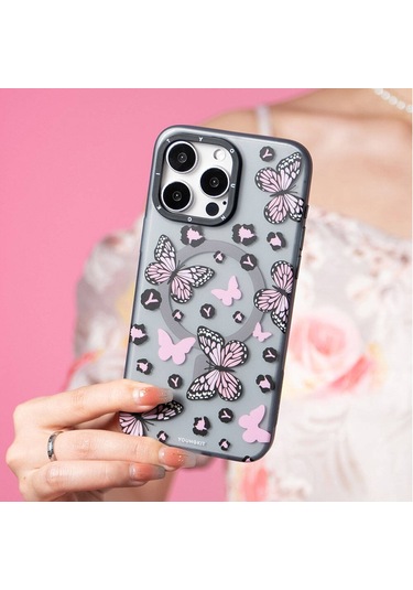 İphone 15 Pro Uyumlu Kılıf Magsafe Özellikli Kelebek Desenli Youngkit Shadow Dance Serisi Pembe