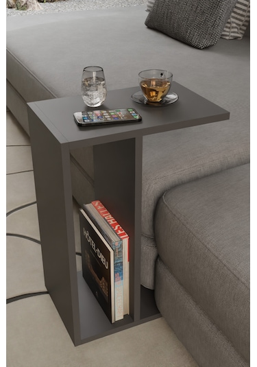 Alpa Ev Mobilya C Tasarım Koltuk Yanı Sehpa, Kitaplıklı Modern Laptop & Kahve Sehpası, Orta Sehpa Antrasit