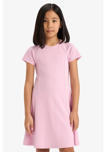 DeFacto Kız Çocuk Bisiklet Yaka A Kesim Basic Düz Fitilli Kaşkorse Kısa Kollu Yazlık Elbise E5801A825SMPR66
