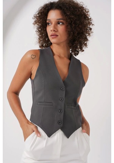 Defymoda 6796 Kısa Dokuma Yelek - Füme Füme