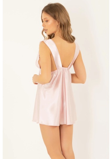 Faryanight Saten Dantelli Açık Sırt Detaylı Kalın Askılı Gecelik Pembe