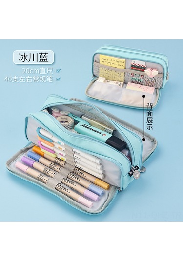 Aubyhe Özel Tasarım Çok Katlı Kanvas Kalem Çantası - Orta Ve İlkokul Öğrencileri İçin Büyük Kapasiteli Glasyer Mavisi Çift Pencereli Kalem Kutusu Açık Mavi