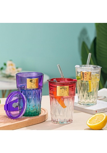 Pipetli Cam Bardak Beyaz - Mavi