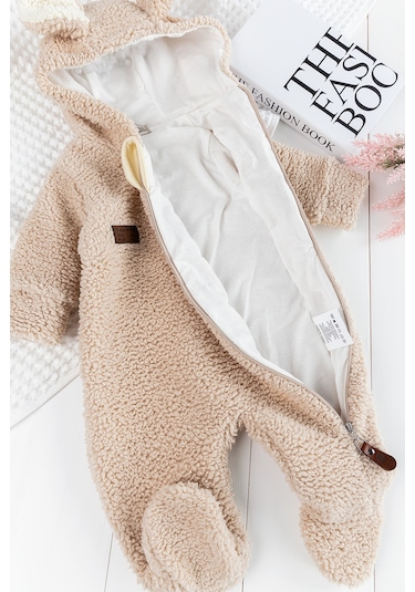Kapüşonlu Welsoft Peluş Kışlık Kız/erkek Bebek Tulum Bej
