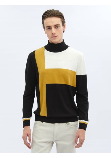 Siyah Tam Balıkçı Yaka Desenli Pamuk Karışımlı Triko 656011 Siyah