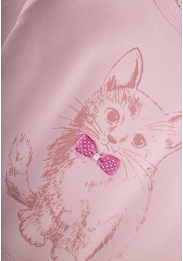 Kedi Baskılı Pijama Takım 2-8 Yaş Pudra Pembe Pudra Pembe