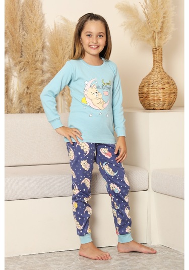 Kız Çocuk %100 Pamuk İnterlok Kumaş Pijama Takımı 6-15 Yaş 12421 Açık Mavi